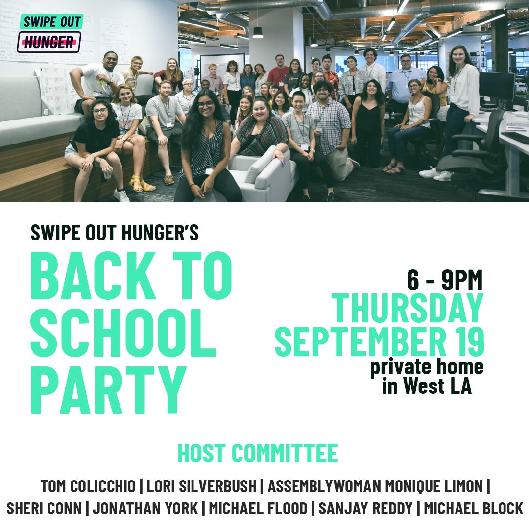 SwipeHunger's tweet photo. Calling all #Angelenos! Join us on Thurs 9/19 for our Back To School Party: meet the students who are leading the movement and learn about the leading solutions for this issue! https://t.co/OsSeIR3d2q
#StudentHungerIsReal #DemocratizeDiningHalls #RealCollege #LA #LosAngeles https://t.co/qrgUFryMvg