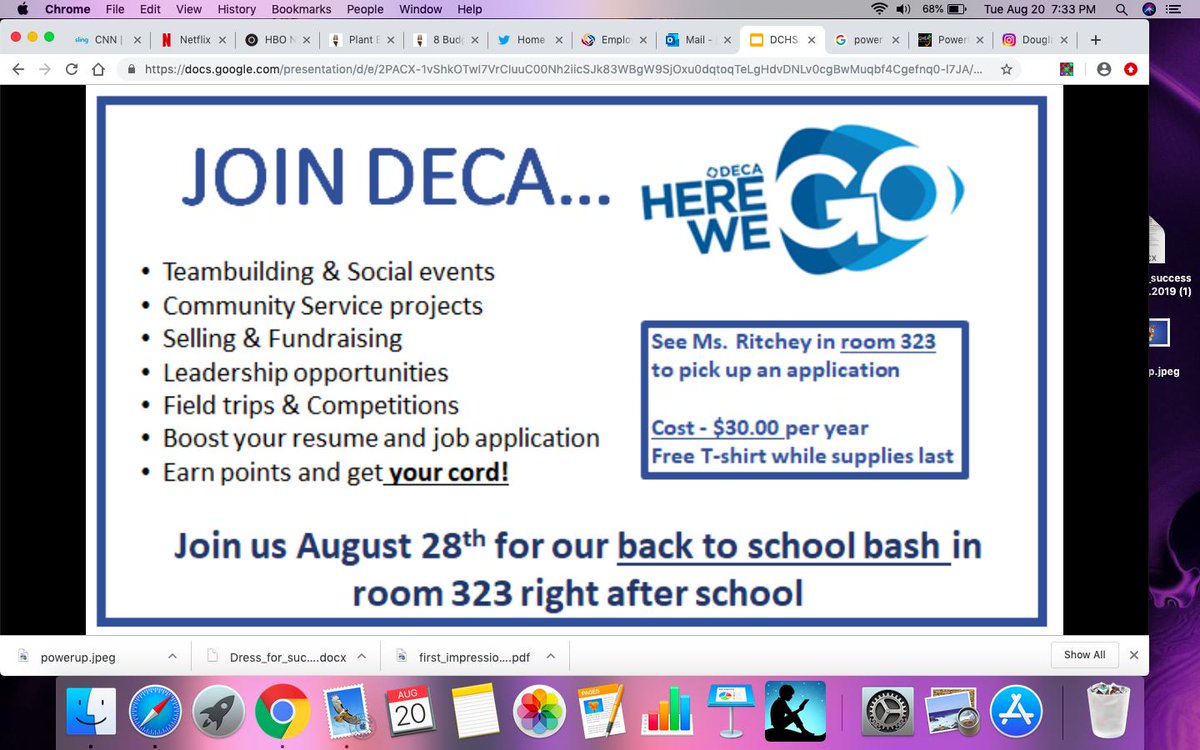 Getting ready for another terrific year.  Make sure to stop by the DECA table at lunch all week to pick up your membership form and join us next Wednesday Aug. 28th for our back to school bash in room 323.  Here we go!