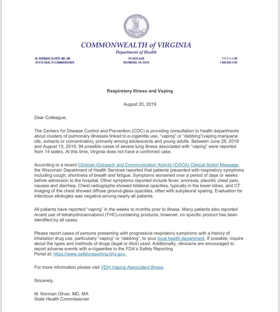 VA State Health Commissioner’s Letter  about Respiratory Illness and Vaping. 94 possible cases of severe lung illness in 14 states between June 28-August 15. #prevention #education <a href="/LcpsStudent/">LCPS Student Assistance Services</a> <a href="/LCPSOSS/">Office of Student Services</a> @jekRN87 <a href="/virginiapatte10/">Virginia Patterson, Ph.D.</a> <a href="/awheeler_wheels/">Amy Wheeler</a> @SheilaVBHPE