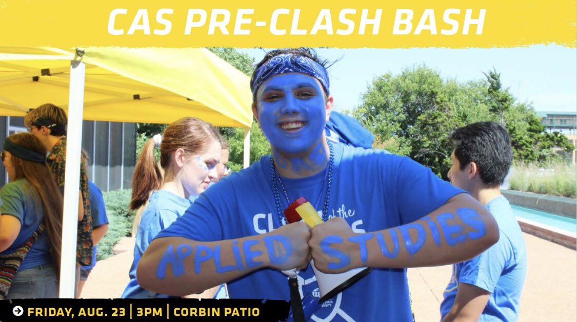WichitaStateCED's tweet photo. 📣 CAS students - come out to the @WichitaStateCAS Pre-Clash Bash this Friday, Aug. 23 at 3PM! There will be free t-shirts, noisemakers, pizza &amp; more as we prepare to take on the other academic colleges in #Clash19. https://t.co/Q2yJ7o22Qi
