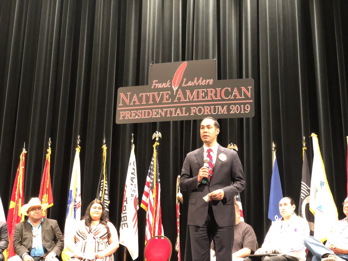 IENearth's tweet image. “I want to say a special thanks to those who’s lands we are on.”-@JulianCastro gives first land acknowledgment during the Frank LeMere Native American Presidential Forum before also being the first candidate to honor Frank LeMere. 
#NativeForum #NativeVote