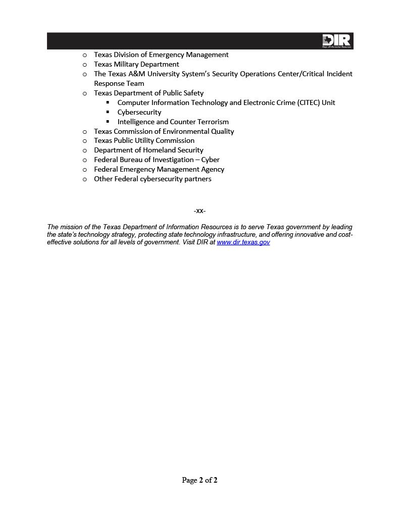 TexasDIR's tweet photo. We have posted an update regarding the August 2019 Texas Cyber Incident. Our press release is attached and more information about ransomware best practices and other up to date information is available on our website @ https://t.co/hIOVTjZkXO https://t.co/nSk17KmBf1
