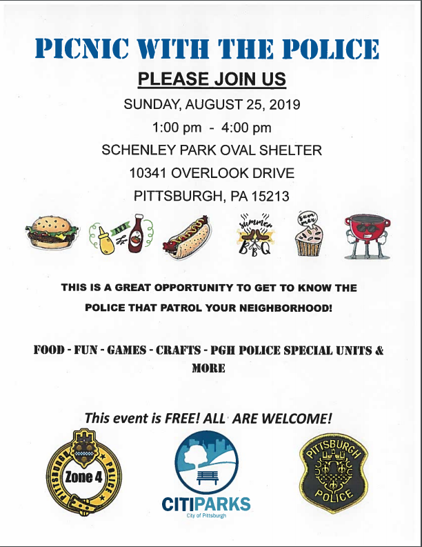 PGHDistrict8's tweet photo. Join @PghPolice's @PghZone4 for their Annual Picnic with Police this Sunday 8/25 at 1pm at Schenley Park Oval Shelter for family fun, food, and @PghPublicSafety resources. Meet the Officers who patrol your neighborhood. https://t.co/prGdJdDl2d