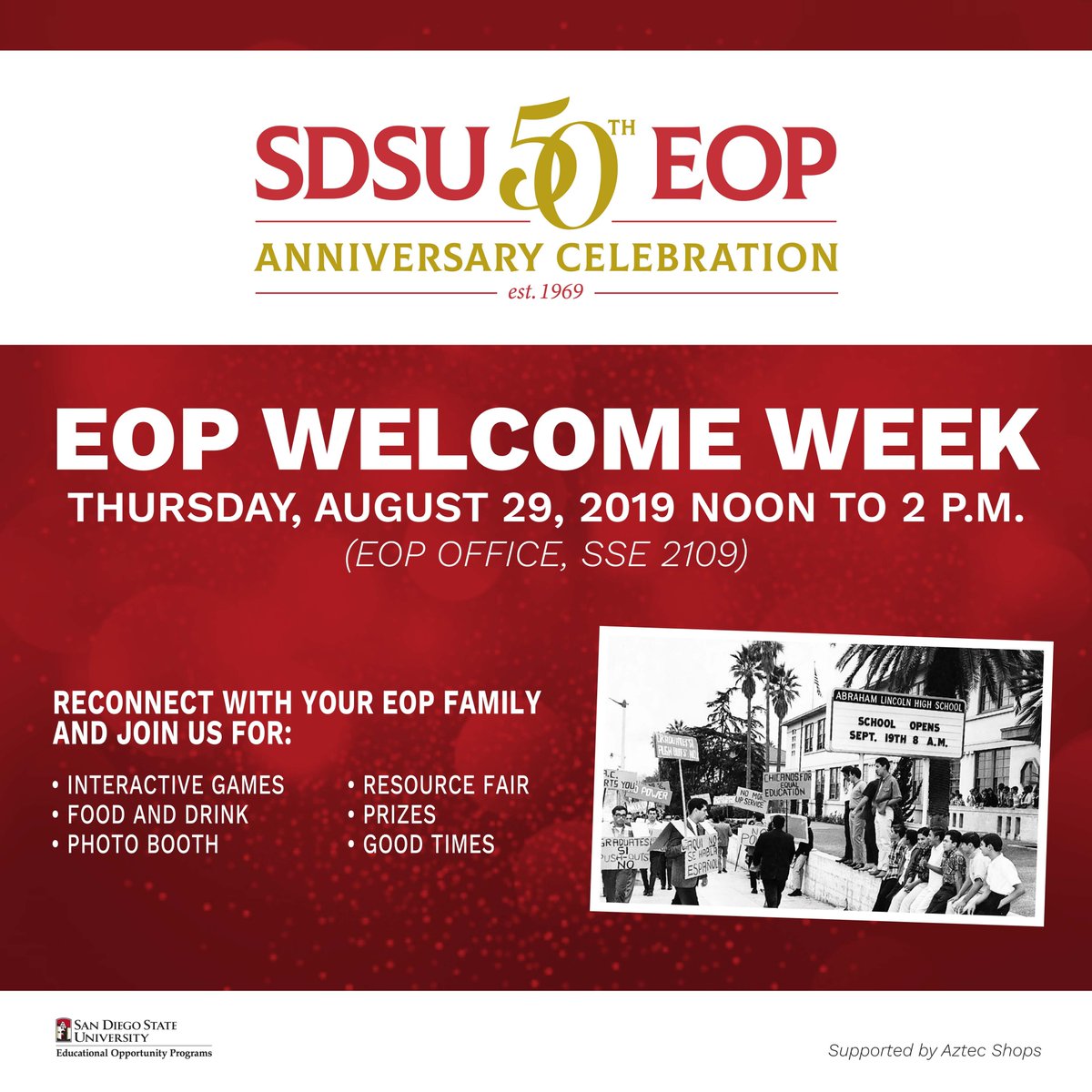 Experience SDSU (@experiencesdsu) on Twitter photo Students are invited to EOP's 50th anniversary celebration! <a href="/EOPatSDSU/">EOP Ethnic Affairs</a> is celebrating a half century of increasing access, retention and academic excellence for historically underserved students. Come enjoy soft drinks, prizes, a photo booth and more! Students are invited to EOP's 50th anniversary celebration! <a href="/EOPatSDSU/">EOP Ethnic Affairs</a> is celebrating a half century of increasing access, retention and academic excellence for historically underserved students. Come enjoy soft drinks, prizes, a photo booth and more!