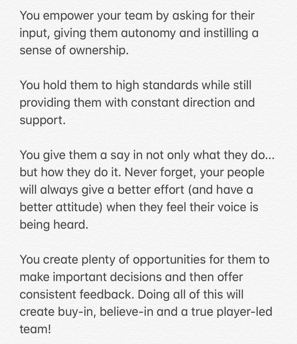 Hall-of-Fame Coach Tom Izzo once told me that ‘a player led team will always outperform a coach led team in the long run.’ 

I’ve found this to be true in sports and business.

This is how you create a ‘player led’ team 👇🏼