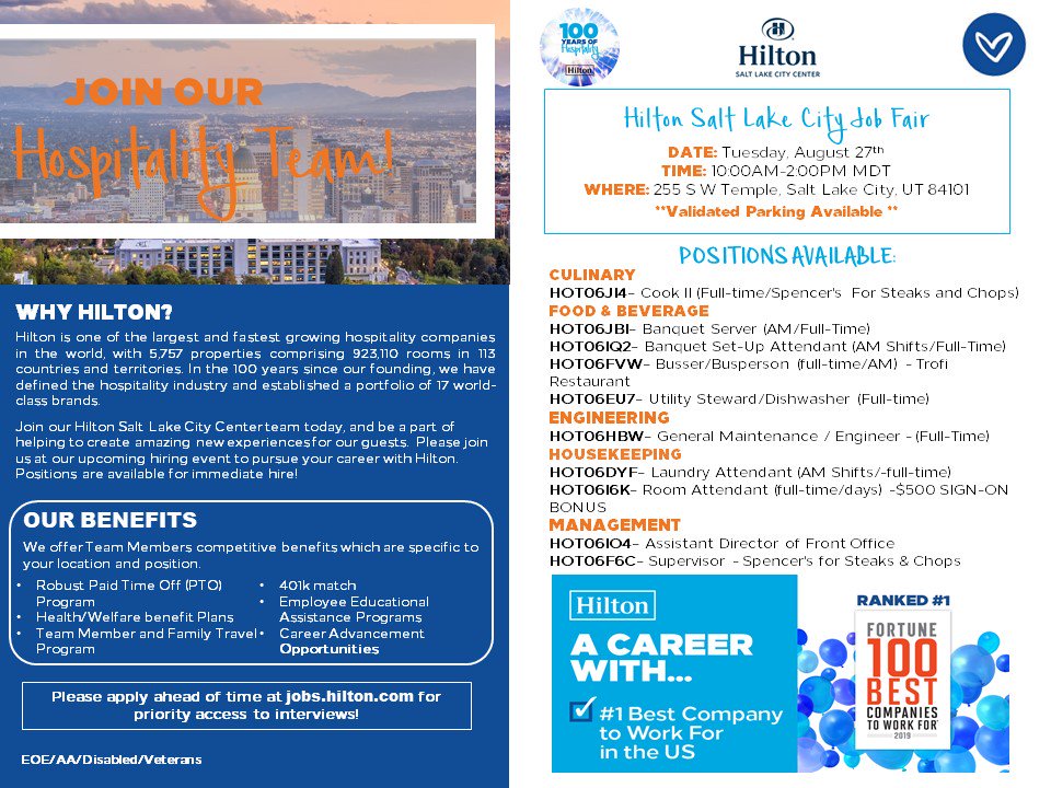Looking for a career #CHANGE? Join us for our upcoming #JobFair @HiltonSLCC! There will be onsite #Interviews and offers being made on the spot! RSVP via Eventbrite at: eventbrite.com/e/hilton-salt-… 
We hope to see you there! #opportunities #Jobs