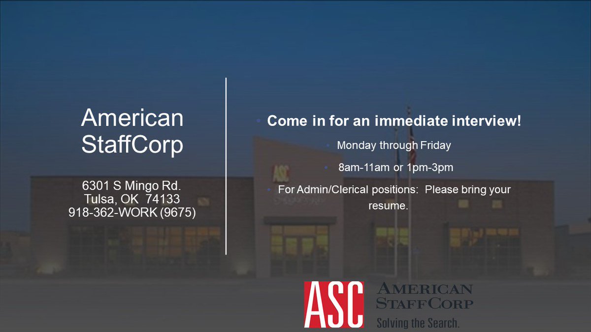 ASCjobs's tweet photo. Open Interviews for Industrial and Clerical positions!!  
Visit us at 6301 S Mingo Road.  
https://t.co/ETvAQBC2CF 
#Hiring #Jobs #ASCTulsa #Industrial #Clerical #Administrative https://t.co/CtwhSPpHXf