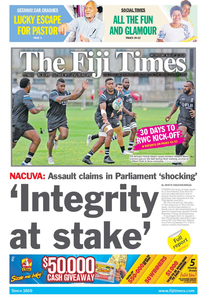fijitimes's tweet photo. The Fiji Times
21st August 2019
🗞️🇫🇯👍🏽
#since1869 #firstpublished #fijitimesnews #latestfijinews #fijinews https://t.co/mzmgYsBPjE