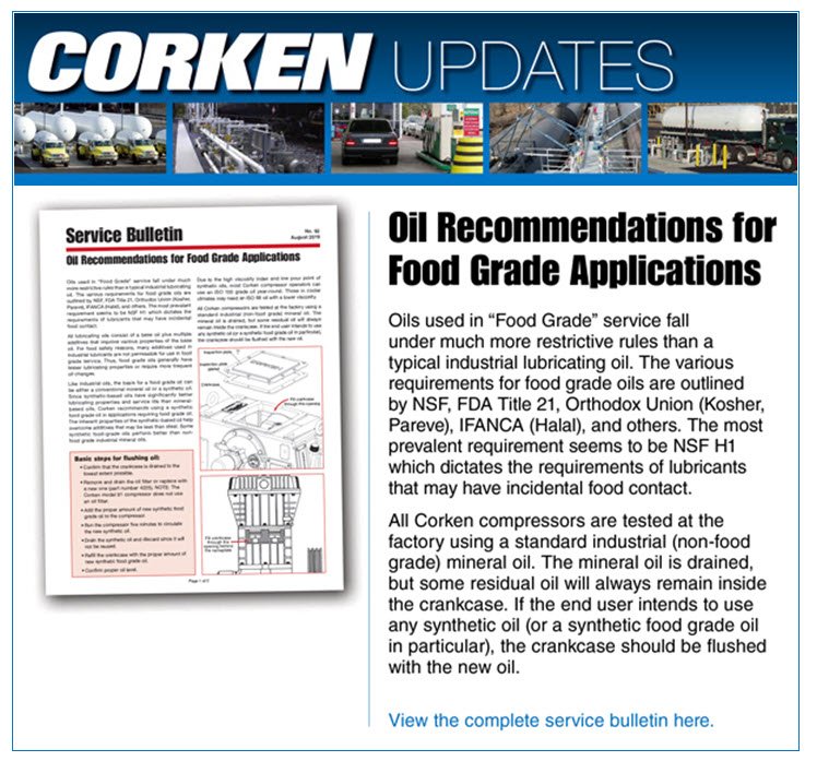 corkeninc's tweet photo. Check out the new oil recommendations for food grade compressor applications. Oils used in food grade service fall under much more restrictive rules than a typical industrial lubricating oil (https://t.co/PPC8282gju). https://t.co/DPNk6mJA9V