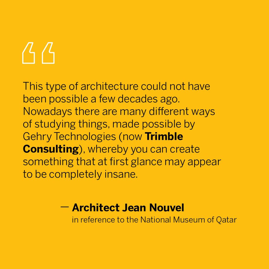 We’re proud to be named by Jean Nouvel himself about the work done by Trimble Consulting (formerly Gehry Tecnhologies) for the Qatar National Museum across the design and construction phases. #technology #gehrytech #bim #trimble #nationalmuseumofqatar
