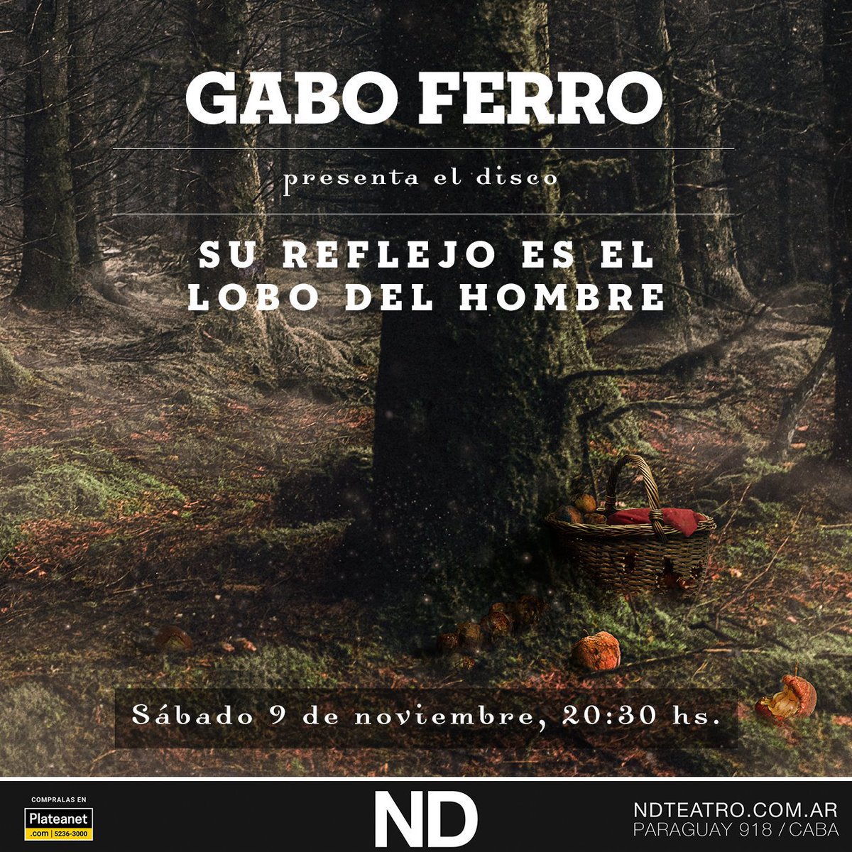 Vuelve <a href="/AcaGaboFerro/">Gabo Ferro</a> al ND y presenta su nuevo disco "Su reflejo es el lobo del hombre". Las entradas ya están a la venta en la boletería del teatro o por sistema <a href="/Plateanet/">Plateanet</a>