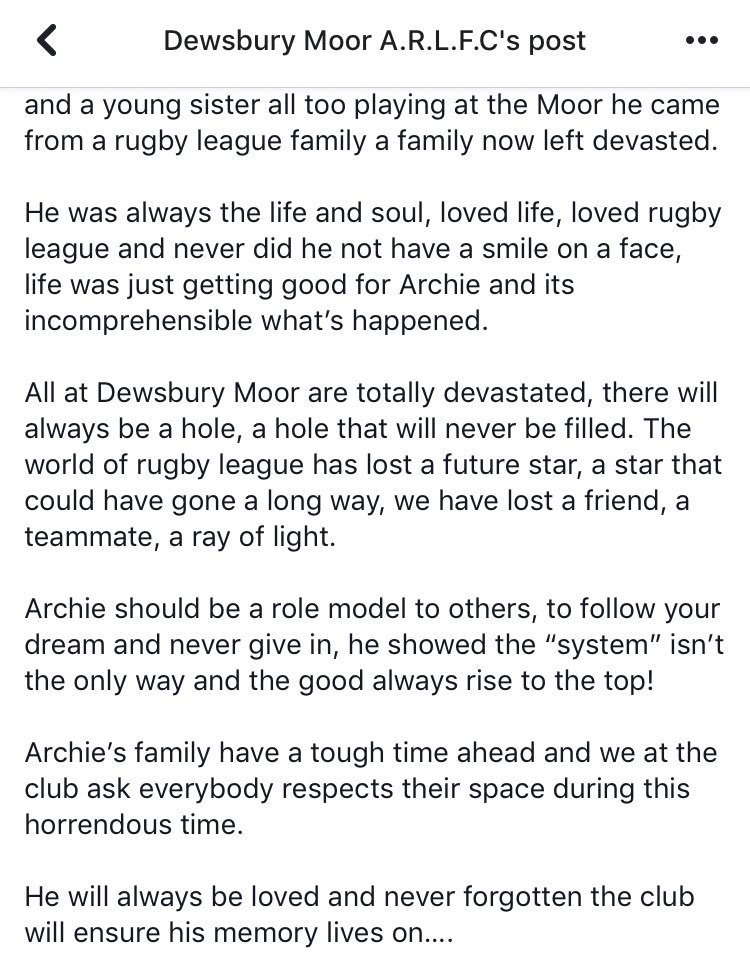AFosterTeach's tweet photo. Great tribute to @BatleyRLFC’s #archiebruce, from his amateur club @dewsburymoorARL. Clearly had a big impact on a lot of people in twenty short years.
You can donate in his memory here > https://t.co/0rpKYEzx2O
#rugbyleague https://t.co/IKcqbp9sHK