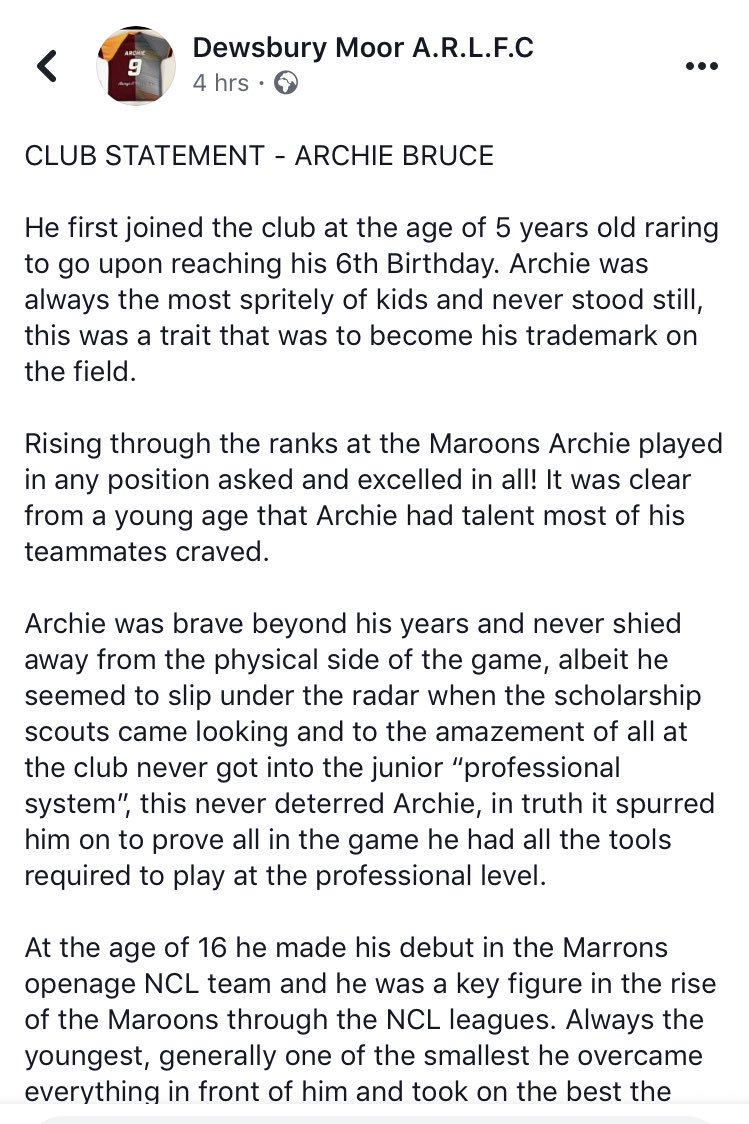 AFosterTeach's tweet photo. Great tribute to @BatleyRLFC’s #archiebruce, from his amateur club @dewsburymoorARL. Clearly had a big impact on a lot of people in twenty short years.
You can donate in his memory here > https://t.co/0rpKYEzx2O
#rugbyleague https://t.co/IKcqbp9sHK