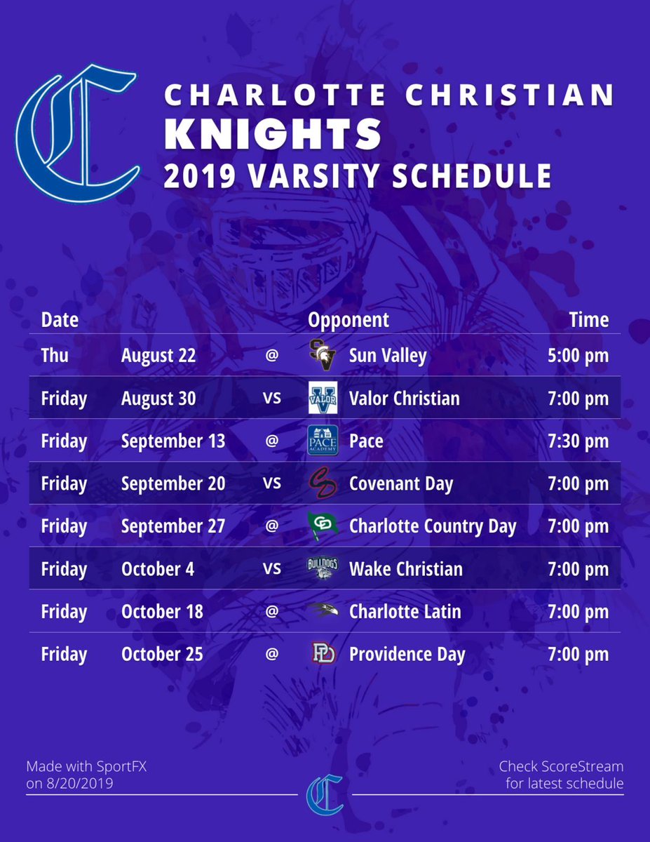 <a href="/charchristfb/">Charlotte Christian Football</a> here is a 🏈 schedule I made with SportFX, our new sports photo/video tool! U can use it for your team this year! ➡️ scorestream.com/sportfx?rId=tws