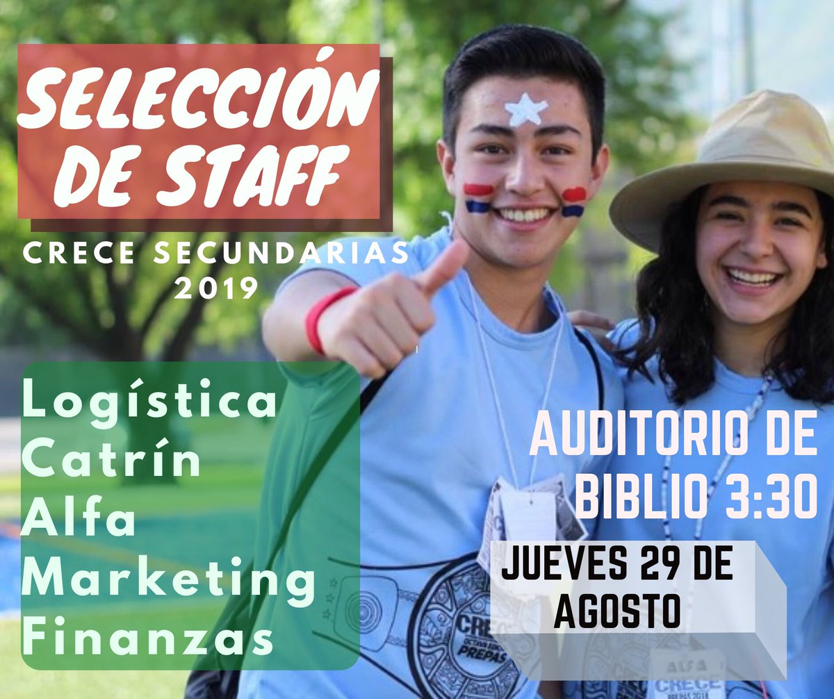 Crecegl's tweet photo. ¡Anímate a asistir a la sección de staff Crece secundarias 2019!

Te esperamos el Jueves 29 de agosto en el auditorio de biblio a las 3:30‼️💚❤️

✨🇲🇽Tú puedes empezar el cambio🇲🇽✨ https://t.co/vuoGTSEzgm