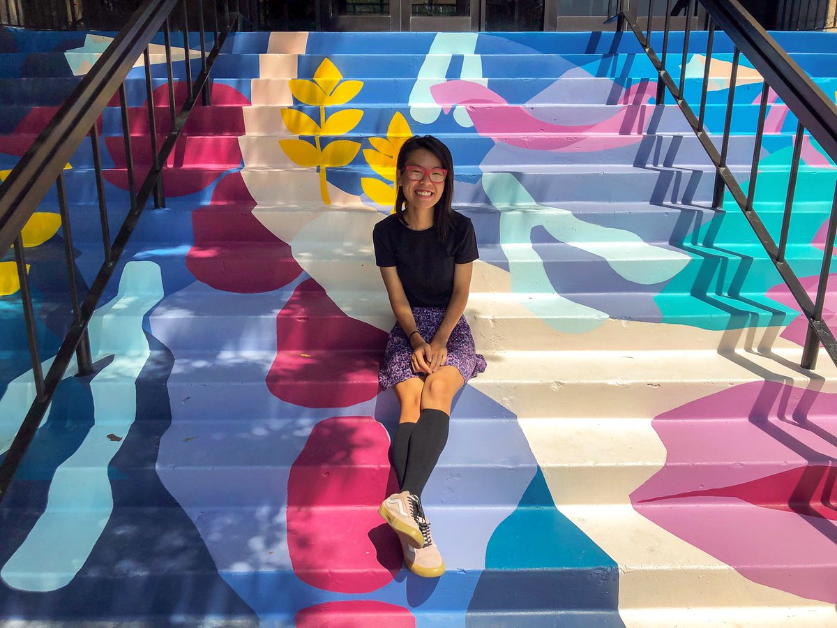 WichitaState's tweet photo. We're in love with this mural on the Clinton Hall stairs, painted by fine arts major Sarah Myose. 💛 Her design, "Dreams and Wishes," was the winner of a contest to add new life to the Clinton Hall entryway. If you haven't seen it in person, go check it out! #wsunow https://t.co/euXAswPRRw
