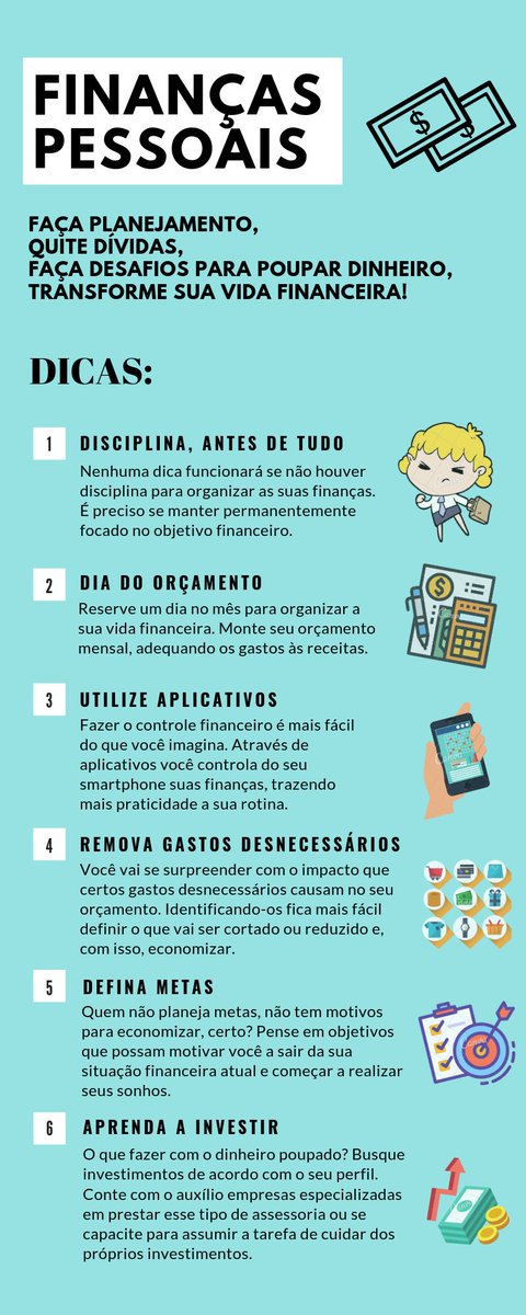 maysabruna's tweet photo. #6dicas pra organizar suas finanças pessoais! 😉💲📊📝

(Infográfico desenvolvido no curso de Aprendizagem Industrial do @SENAInacional) https://t.co/S6v7rC8tmI