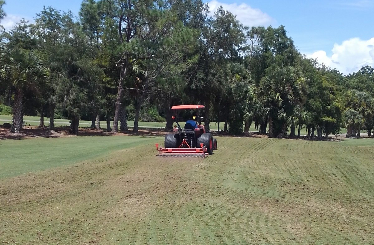 BryceGibson8's tweet photo. #Aerificationweek Day 2: verticut fwys, aerify, scarify, blow. 2nd Coco mat on greens. Plus, normal maint. and bunker drainage work
#turflife https://t.co/5spkhKfmVw