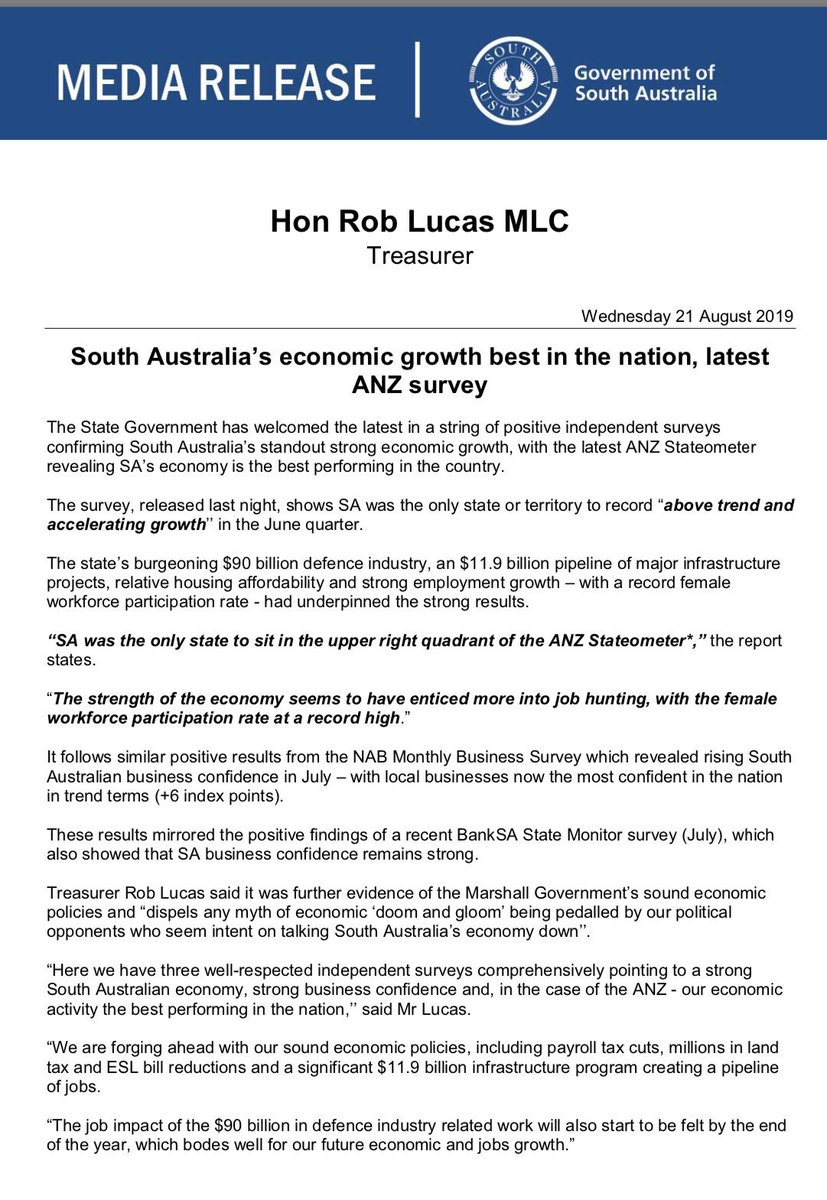 HonDGP's tweet photo. .@SouthAustralia's economic growth best in the nation, latest ANZ survey https://t.co/3auYcmNJEE