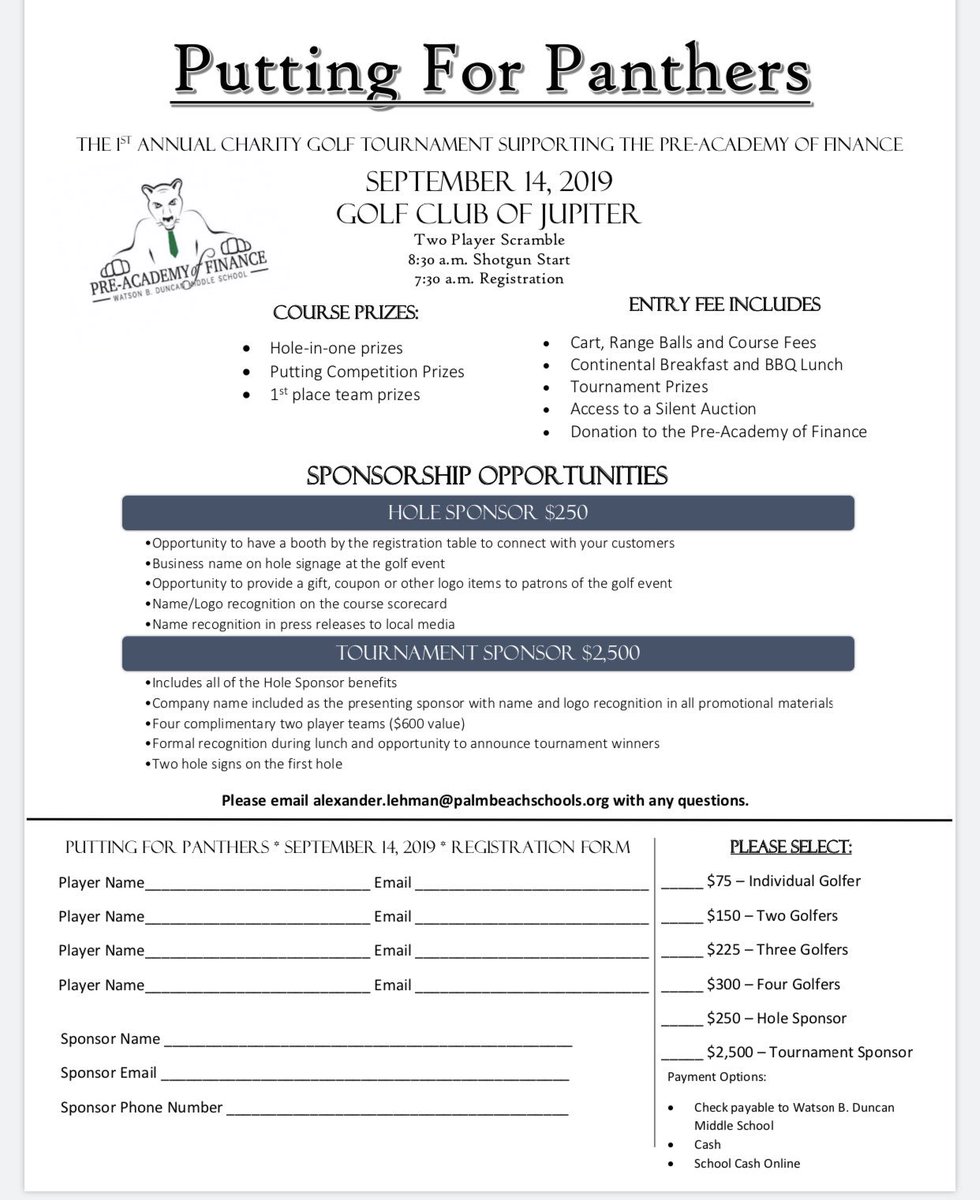 Get registered, share and retweet! Still welcoming golfers, sponsors and silent auction items! @MrLehmanPBCSD <a href="/duncan_middle/">W. B. Duncan M.S.</a>