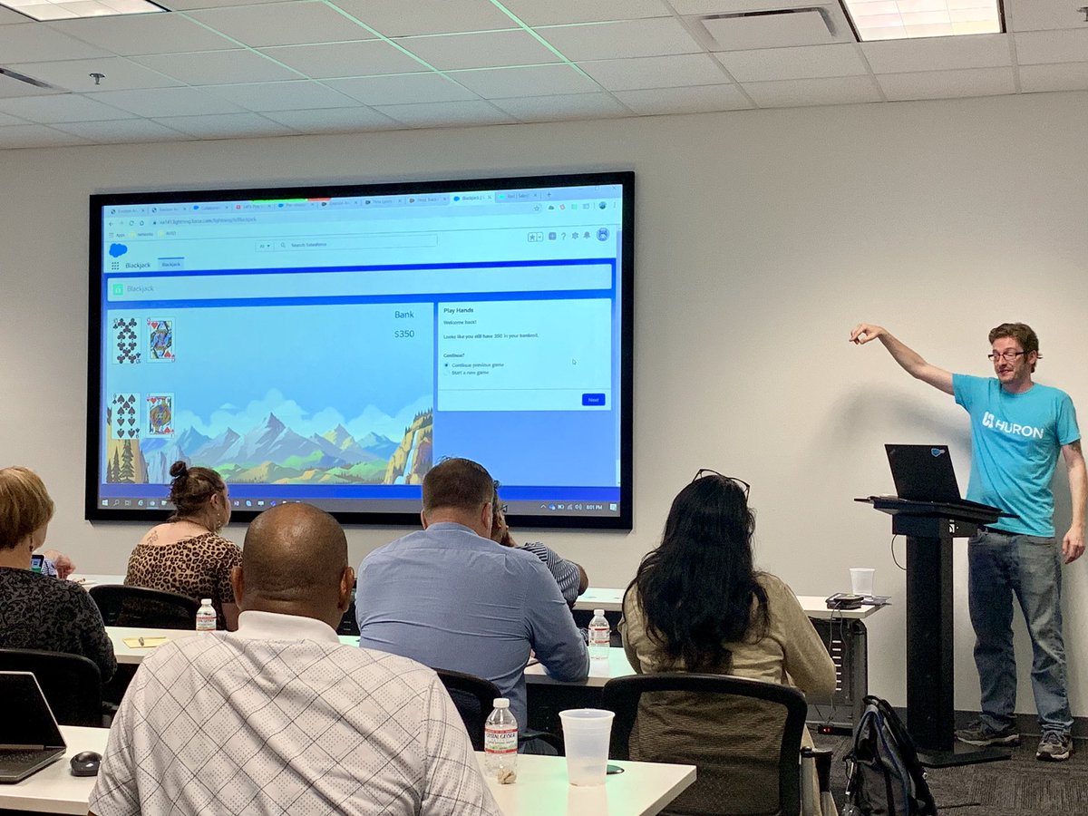 kellumforce's tweet photo. Yeah, weโre playing blackjack in #einsteinanalytics with @LetsPlaySFDC at the #SalesforceATX #Admin User Group! โ๏ธ Thank you @getfeedback for helping us be able to source our salary data for our #AdminEssentials #Einstein demo. @AdminZach @kelseypshannon https://t.co/fZkJSrjmES