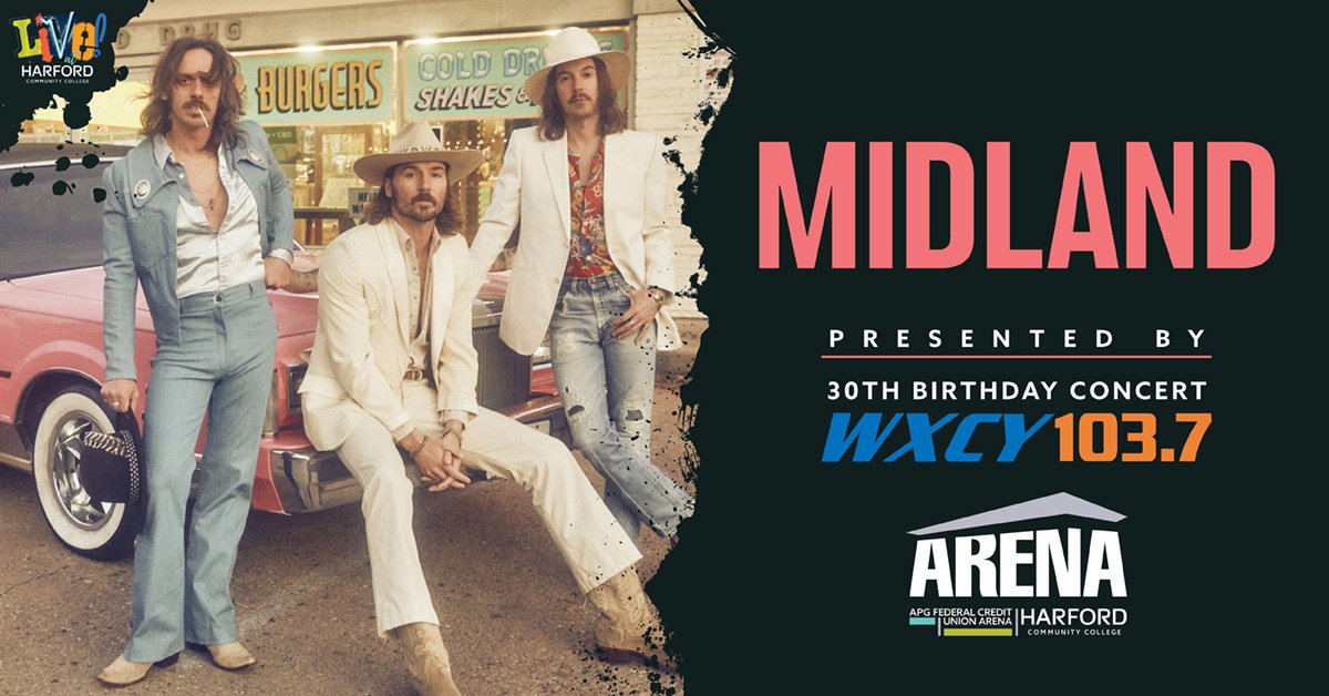 HarfordCC's tweet photo. @1037WXCY and LIVE! at Harford Community College are excited to present @MidlandOfficial w/special guest @samgrowmusic Sat 9/14 7PM #APGFCUarena presented by #JonesJunction. TICKETS $30! https://t.co/2YNDhiWb5m https://t.co/4l8P2uX5Wb