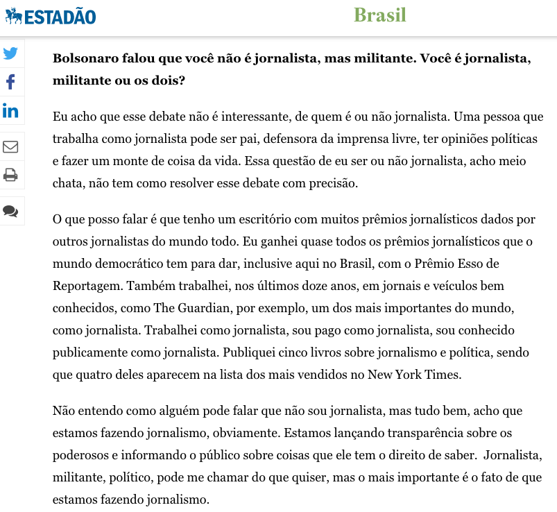 ggreenwald's tweet image. Aqui estava minha resposta à alegação de Bolsonaro - o mundialmente renomado e supremo árbitro do jornalismo -, de que eu não sou um "verdadeiro jornalista". Em suma: é um debate irrelevante que apenas pessoas ignorantes têm. A importante questão é: isso é jornalismo?