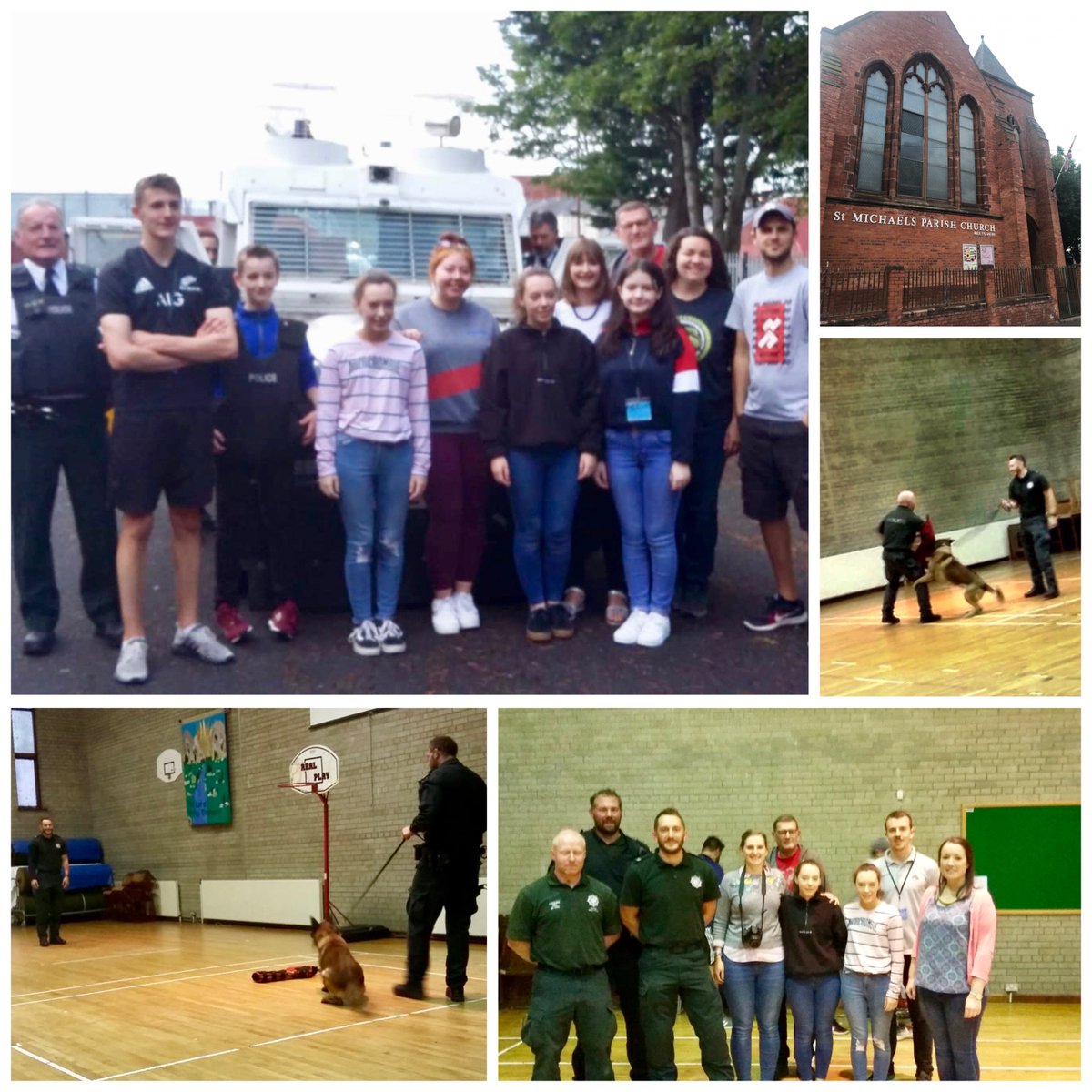 PSNIBelfastN's tweet photo. Court North NPT officers with Dog section ๐ colleagues earlier this evening at St Michaelโs @churchofireland in #lowershankill to talk to young folk at @ROC_NI @PCSP_S event. Great opportunity to engage #keepingpeoplesafe SgtW https://t.co/hQ3TvymOtE