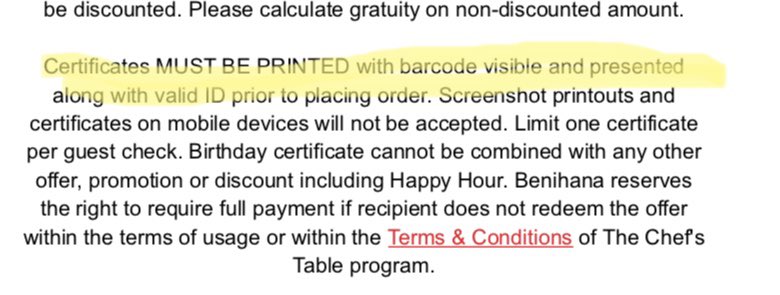 acosgrove's tweet photo. @Benihana Geez guys. Kinda shocked that my wife’s birthday coupon *must* be printed and mobile phone display not accepted. -1 for the environment. 😡 https://t.co/dSoJmWLbJL