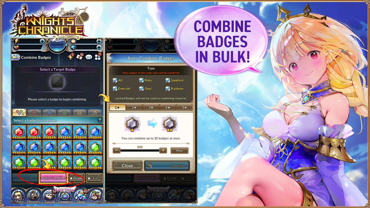 knightschron's tweet photo. Badges of the same type can now be auto combined! Check it out today! #KnightsChronicle https://t.co/uJgUIq7DBm