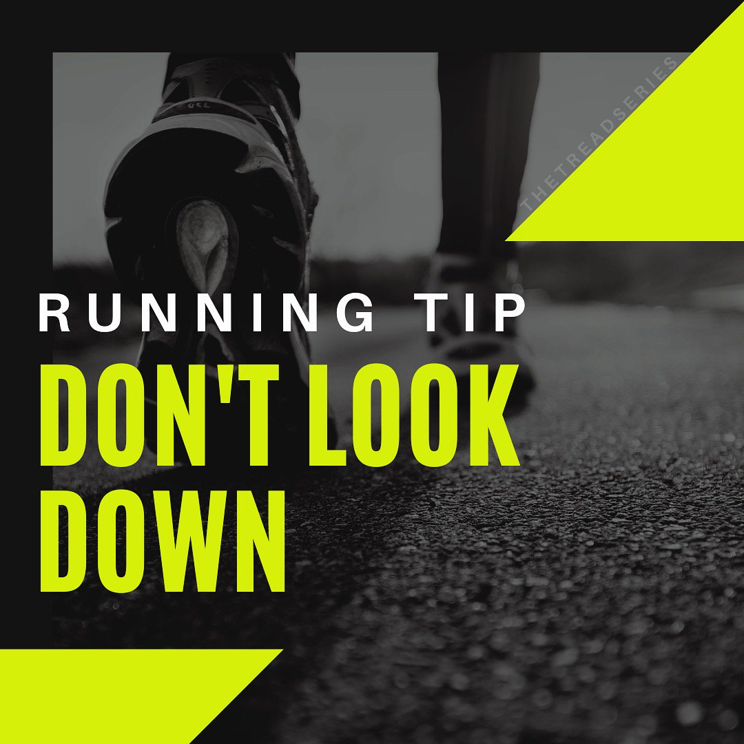 #RUNNINGTIP: It’s normal to look down during a #treadmillworkout, when feeling exhausted or as a way to focus on a tough part of a #run. But looking down causes your #runningform to suffer AND cuts off your oxygen flow. So, #ChinUp. Eyes forward. GO GO GO! TheTreadSeries.com