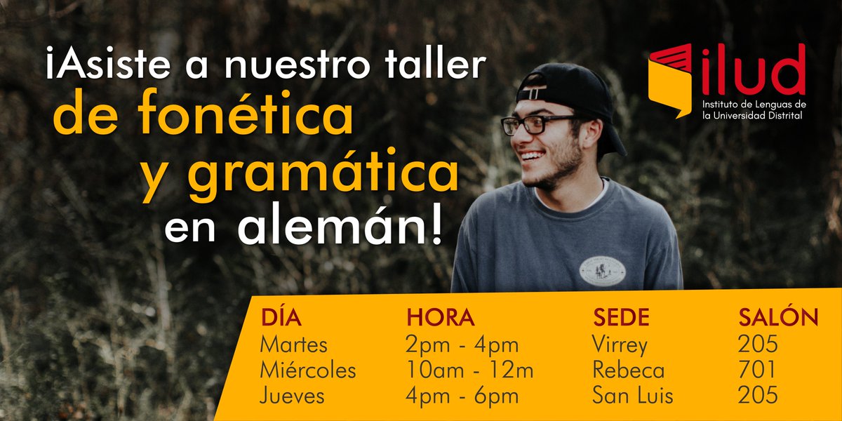 iludlenguas's tweet photo. Prográmate para el taller de alemán en fonética y gramática que ofrecemos para los #EstudiantesILUD y #EstudiantesUD.

📅 Los días martes, miércoles y jueves.
📌Consulta aquí los talleres complementarios: https://t.co/Cm4YNFru9q

#TalleresIlud #IludteEnseña https://t.co/Rh6s7zNFOU