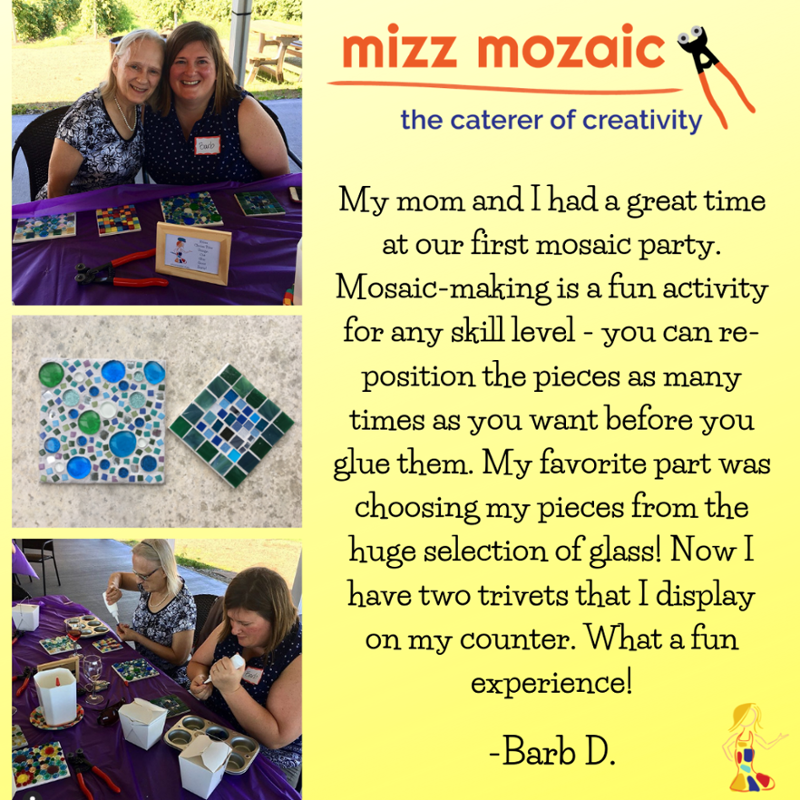 mizzmozaic's tweet photo. It's Testimonial Tuesday! Barb had a great time at our NY event. Here is what she had to say about her experience:
.
.
My mom and I had a great time at our first mosaic party. Mosaic-making is a fun activity for any skill level - you can re-position the pieces as many times as y https://t.co/VTPAOuo8WA