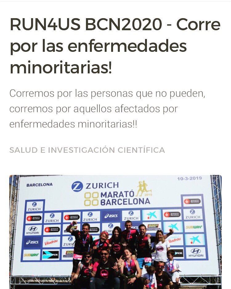 Run4Us preparen el nou repte #Run4usbcn2020, col·laborant amb #FECAMM i totes les persones afectades per #malaltiesmeritòries, donant visibilitat i suport.
Si vols fer esport, passar-ho bé i ser solidari apuntat a la família #Run4us. 
migranodearena.org/reto/20422/cor…