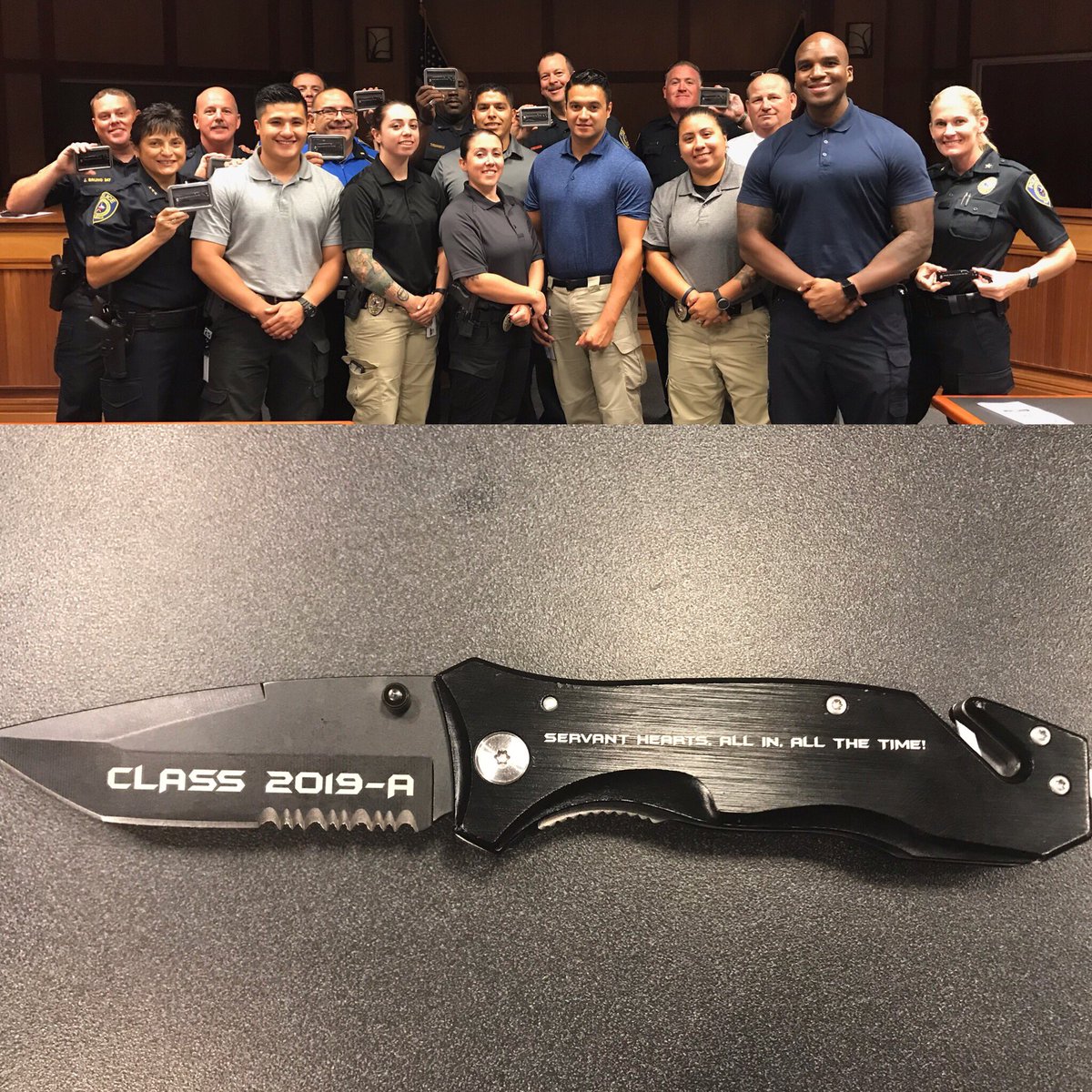 ChiefRobledo's tweet photo. .@Pf_Police Graduating Class of 2019- A surprised CS w/ a special token of appreciation. Class motto: #ServantHearts all in -all the time! PPD graduation is Friday. Truly honored to serve &amp; work for these new officers. 💙👩🏻‍✈️👮🏻‍♂️#Leadership #PFStrong https://t.co/mu7rKECmts
