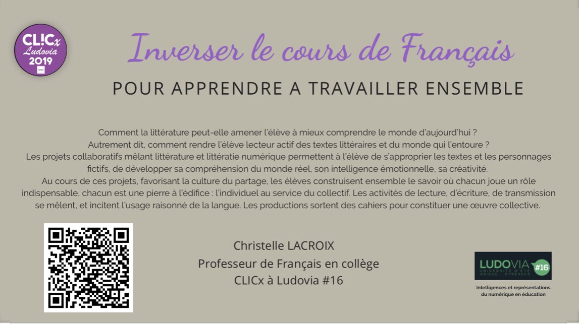 tchoulelacroix's tweet photo. Aux profs de la #TeamLettres et autres #teams présents à #ludovia16  venez partager demain à 9h sur le stand @CLIC_2019 EW3 « Inverser pour apprendre aux élèves à travailler ensemble » https://t.co/mTpL5Ry1FI