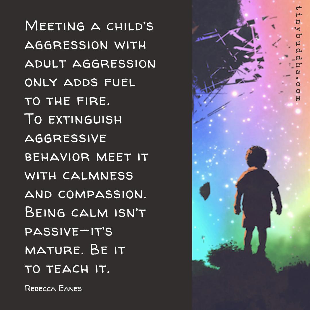 "Meeting a child’s aggression with adult aggression only adds fuel to the fire. To extinguish aggressive behavior meet it with calmness and compassion. Being calm isn’t passive—it’s mature. Be it to teach it." ~Rebecca Eanes