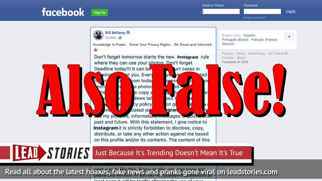 LeadStoriesCom's tweet photo. Fake News: Posting An Instagram Picture With Legal Gibberish DOES NOT Modify Your Agreement With Instagram In Any Way https://t.co/jTrTEDHZOe #fakenews https://t.co/xL8LHzQdbZ