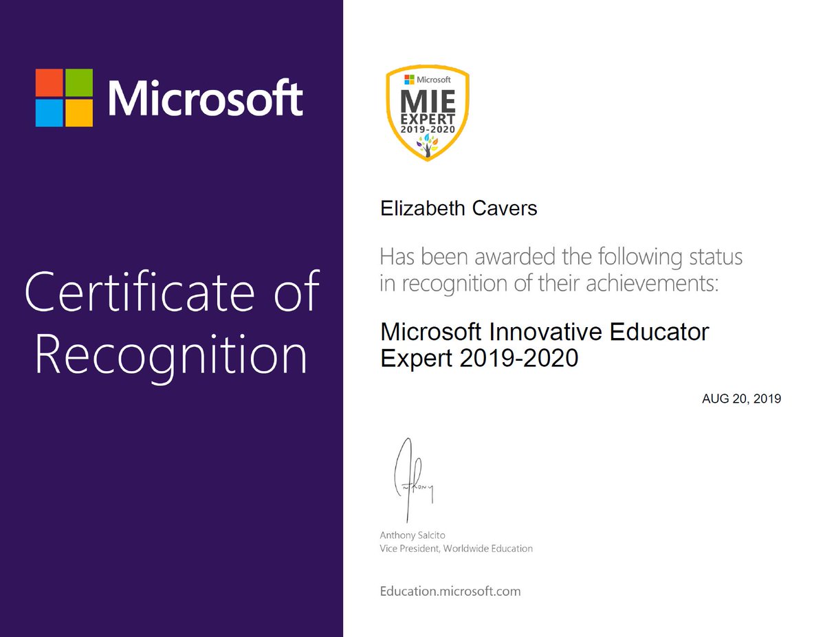 MrsCavers78's tweet photo. Super excited to join the 2019-2020 Microsoft Innovative Educator Expert community for the first time!!! This year is going to be AWESOME!!! #MIEExpert #MicrosoftEDU #MicrosoftEduCA @jl_school @GEDSB https://t.co/JXfwju4QDb
