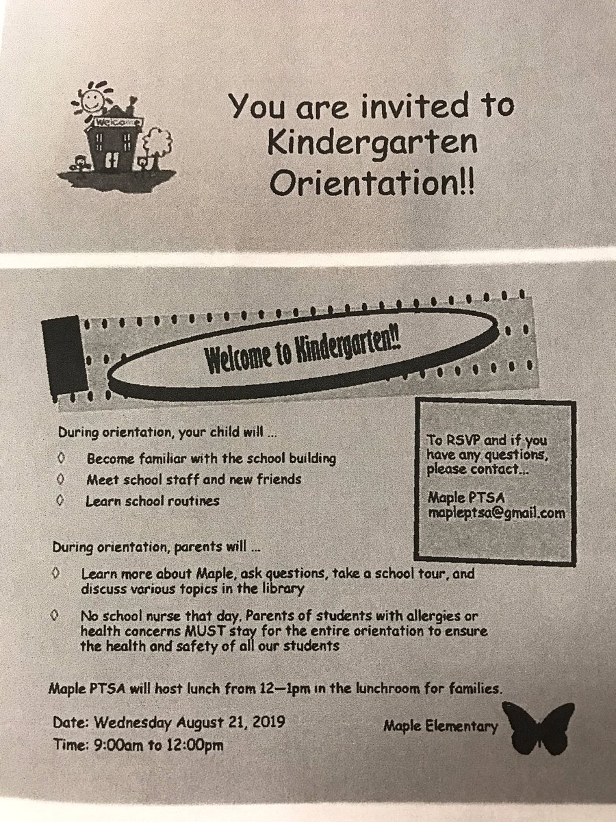 ElementaryMaple's tweet photo. We are excited to welcome our newest #maplemonarchs tomorrow at Kindergarten Orientation. 9-12pm @ElementaryMaple with lunch being provided by our awesome PTSA from 12-1 pm. Come and check us out! https://t.co/fXObNSGzZ3