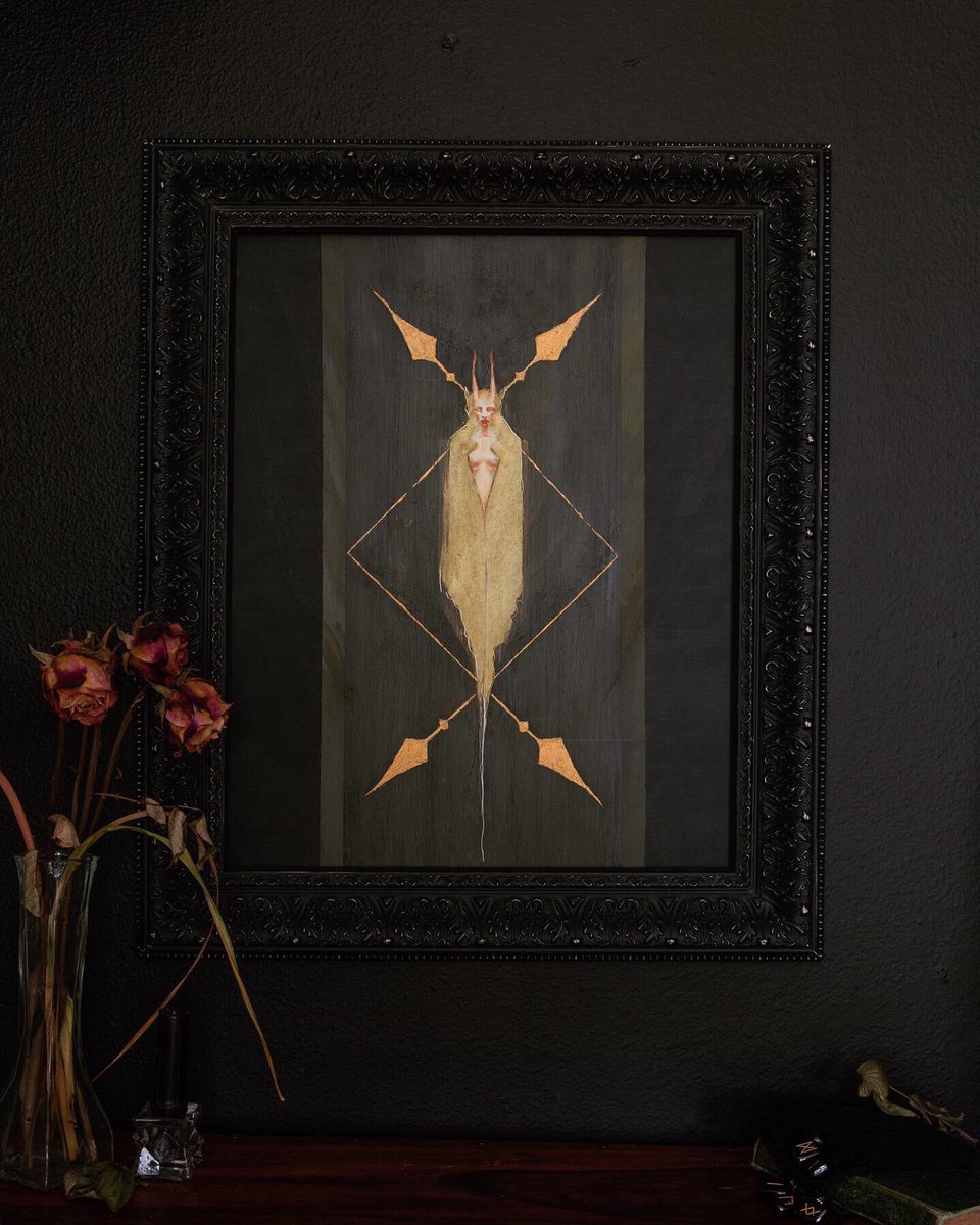DymondStarrArt's tweet photo. “Inguz” ᛝ  is finally framed and ready for it’s forever home.✨ This piece became about transformation. The death of one self allowing room for a new one - for new growth within the self. 
#darkartists #witch #inguz #runes #painting #goldpaint #occultartists #divination #asatru https://t.co/RGbLPC3hfo