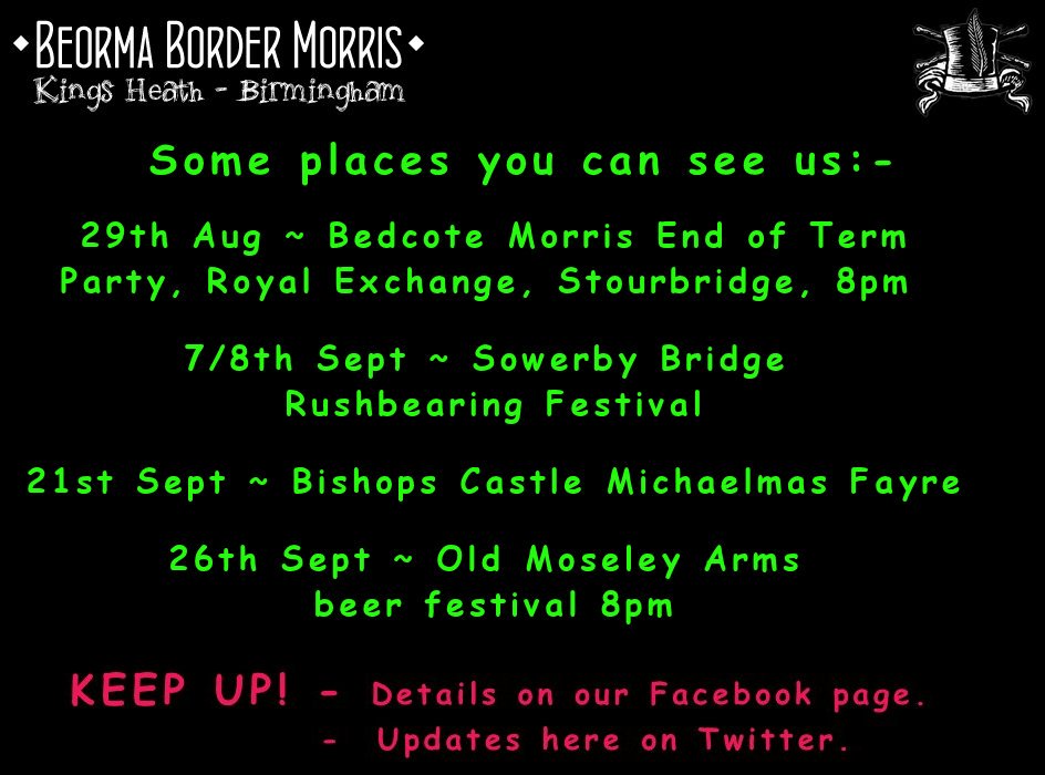 Open practice every Weds upstairs at the Bear pub in Bearwood, 8-10pm. new dancers &amp; musicians always welcome, no experience required!
For event details, see our Facebook page facebook.com/BeormaMorris/