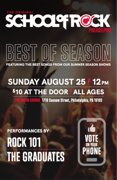 We are proud to host @schoolofrockphilly's Best of Season show this Sunday at noon! Space is limited, and tickets are first come first serve at the door so get here early!!! All ages!