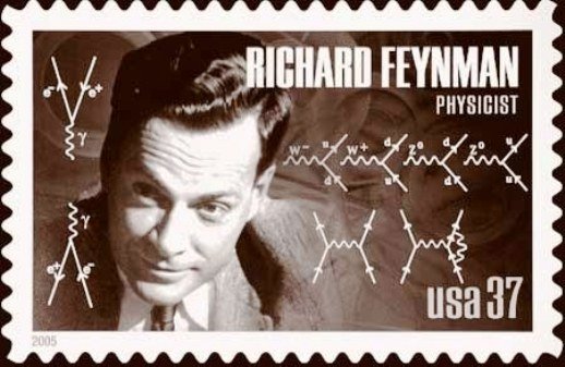 Nereide's tweet photo. The iconic 20th cent. #physicist #RichardFeynman invented a method for calculating probabilities of #particleinteractions using depictions of all the different ways an interaction could occur. Examples of “#Feynmandiagrams” were included on a 2005 postage stamp honoring Feynman. https://t.co/i4RUu3ouls