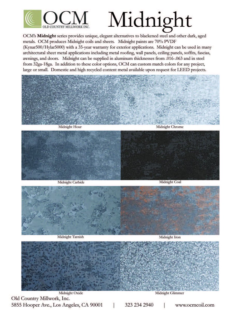 OCMcoil's tweet photo. The MIDNIGHT series from #OCMCoil is the perfect finish for your cool, darker toned projects. These shades will give your metal facade, fascia, or panel pop from the darkness or thru the light. #Aluminum #Steel #CoilCoaters #SheetMetalMasters #Kynar #Corten #PVDF https://t.co/SKknUTSC05