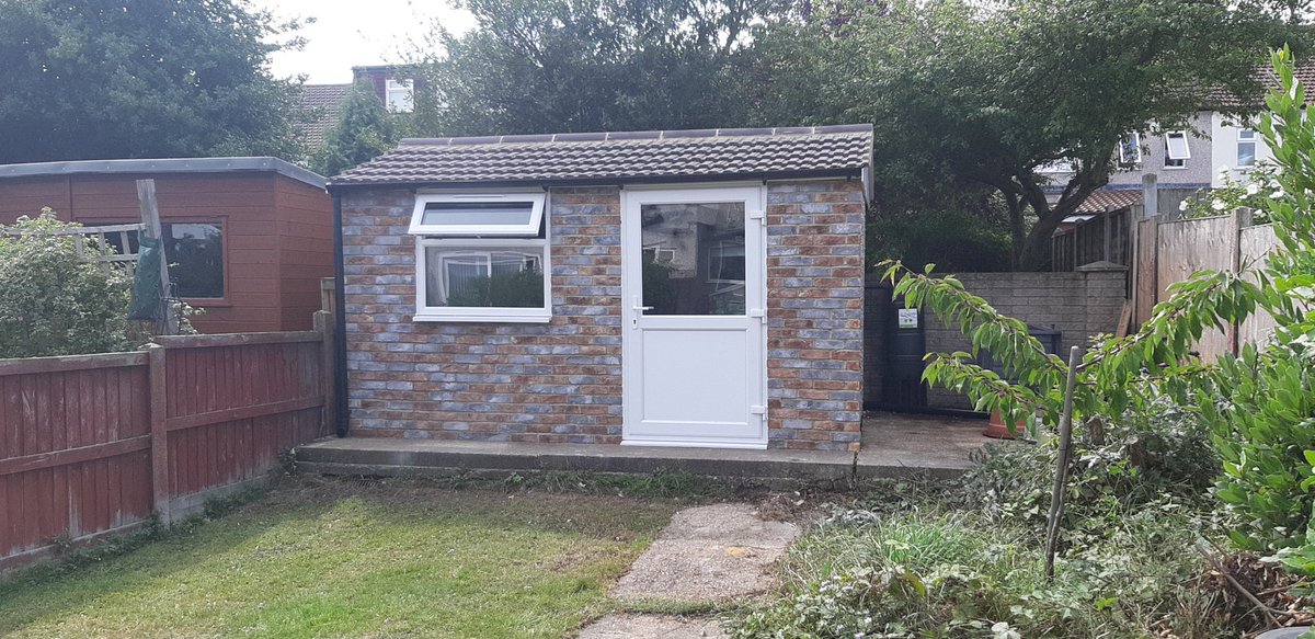 rpageconcrete's tweet photo. Wow!! A Concrete #shed erected in #ilford .this building is 12'7" x 8'1" wide, with a fully tiled roof, gutter to both sides, water butt, upvc door and window. The front of the building is clad with brick slips to give it a realistic brick looking finish. Another happy customer! https://t.co/CaVs0HjZW7