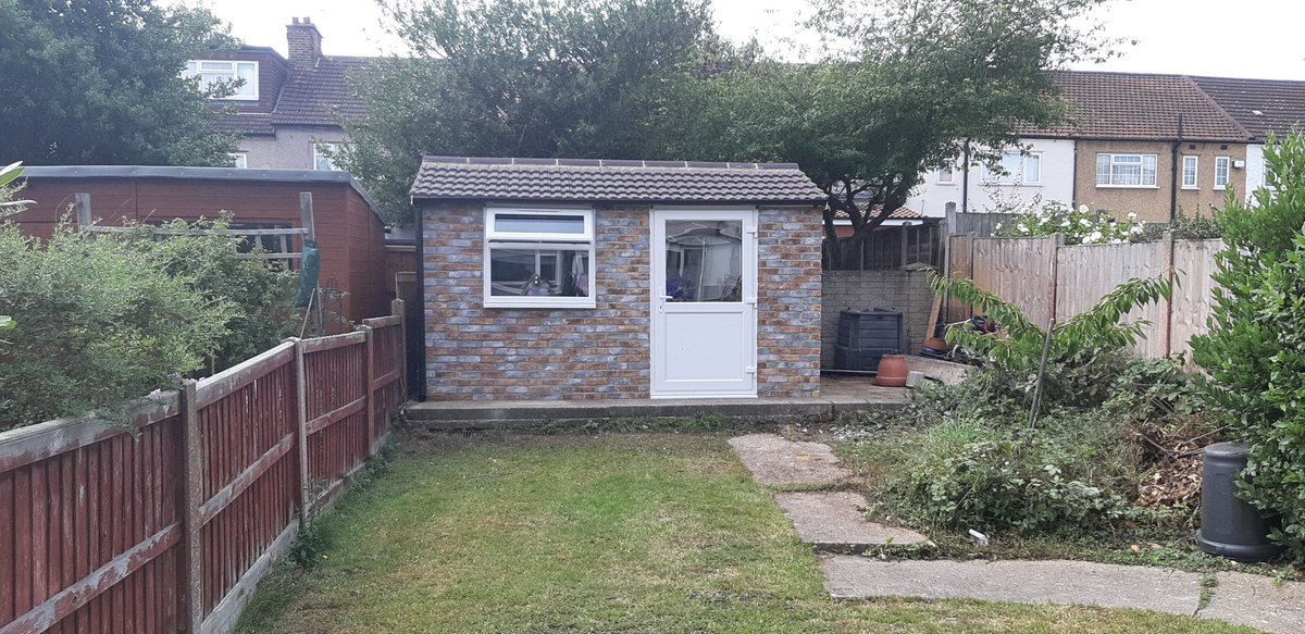 rpageconcrete's tweet photo. Wow!! A Concrete #shed erected in #ilford .this building is 12'7" x 8'1" wide, with a fully tiled roof, gutter to both sides, water butt, upvc door and window. The front of the building is clad with brick slips to give it a realistic brick looking finish. Another happy customer! https://t.co/CaVs0HjZW7