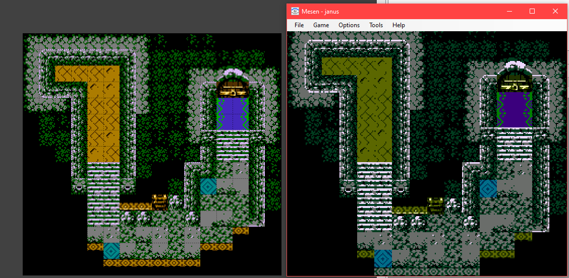 cacciatc's tweet photo. Background rendering for Janus is almost there! On the left is the scene in Tiled and on the right is the scene on the NES. #nesdev #gamedev https://t.co/2JDeR87HBU