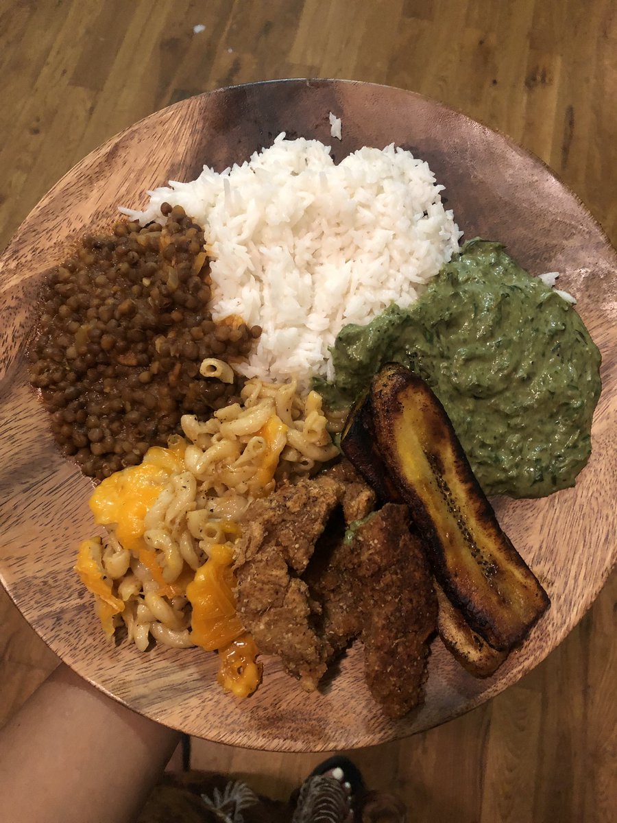 bkjuni's tweet photo. Woke up craving some good Trini food so I made it myself. 
Rice, lentil peas, Vegan macaroni pie, fried seitan, plantain, callaloo &amp; rice. Meat, dairy, egg, &amp; soy-free. https://t.co/5w0FQPDl5D