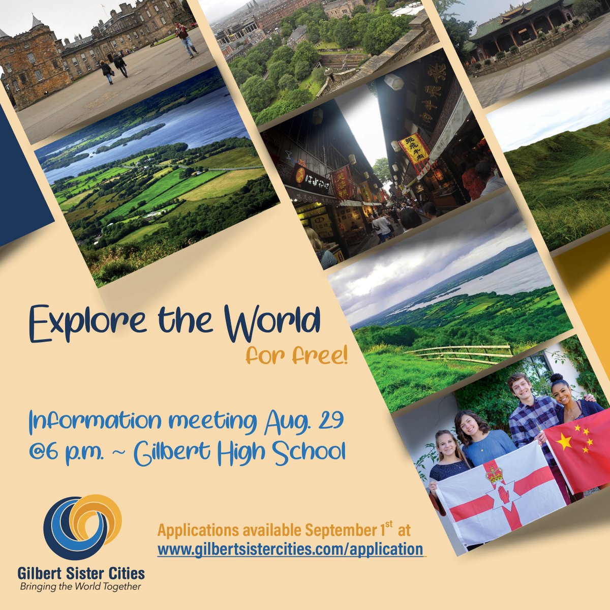 GilbertSisCity's tweet photo. HS juniors living in Gilbert or attending a school in Gilbert are invited to an information meeting on 8/29 at 6 p.m. at GHS. Come learn how you can visit China or Northern Ireland for free while gaining interviewing and networking skills and learning from local business leaders! https://t.co/L9qkeds2VK